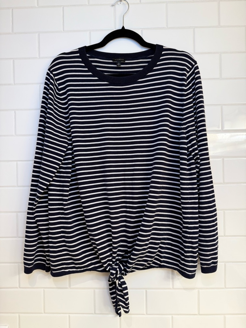 Talbots Navy White Striped Long Sleeve Tie Front Shirt Top Size XL GUC